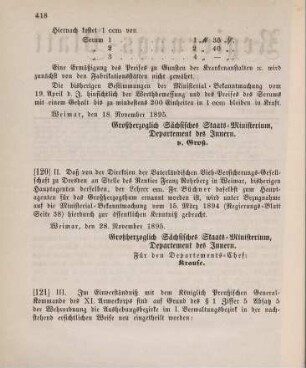 121. Ministerial-Bekanntmachung, betreffend Neueintheilung der Aushebungsbezirke im I. Verwaltungsbezirk