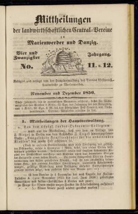 Vier und Zwanzigster Jahrgang. No. 11. u. 12. November und Dezember 1856.