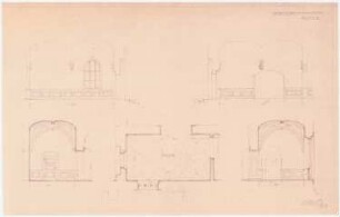 Gymnasium zum Grauen Kloster, Berlin Umbau: Grundriss Raum 3 1:50; Aufriss der vier Innenwände von Raum 3 1:50; Skizze vom Gewölbe; Maßangaben