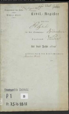 Zivilstandsregister der katholischen Gemeinde Bredenborn, Kreis Höxter (A 1811) (Gemeinde: Katholische Gemeinde Bredenborn)