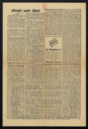 Zeitungsartikel "Beisetzung von Prof. Dr. Erich Adicke", Tübinger Chronik, 12.07.1928, Nr. 161