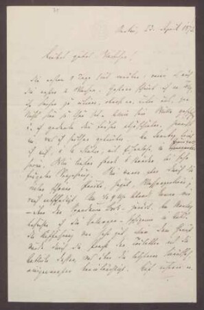 Schreiben von Moritz Ellstätter, Berlin, an seine Frau Marie: - Verhältnis zu [Julius] Jolly - Spaziergang mit [August] Eisenlohr - Galaoper - Sitzungen (Münzgesetz) - Diner mit [August] Eisenlohr und Gladbeck - Einladung von [Adolf von] Hansemann - Theaterfragen - Mitteilungen an [Moritz] Frey