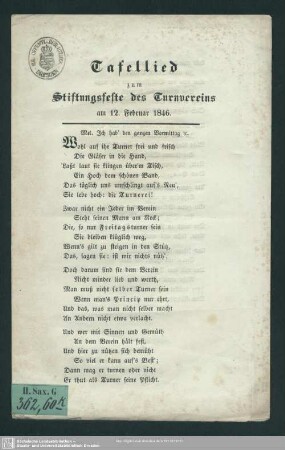 Tafellied zum Stiftungsfeste des Turnvereins am 12. Februar 1846