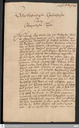 Brief von Joachim Lange, Joachim Just Breithaupt, Paul Anton, August Hermann Francke und Johann Heinrich Michaelis an Friedrich Wilhelm I., König in Preußen.