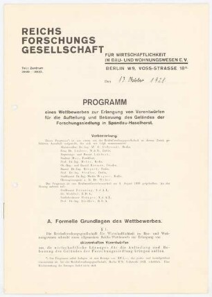 Siedlung der Reichsforschungsgesellschaft, Berlin-Haselhorst: Wettbewerbsausschreibung (3 Anlagen s. 35331.2-35331.4)