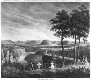 Erinnerung an die Sächsische Schweiz. Bildmitte: Aussicht von der Bastei : Arldt, Carl Wilhelm: Erinnerung an die Sächsische Schweiz. Bildmitte: Aussicht von der Bastei. Farblithografie; 37,1 x 45,7 cm. Dresden: Kupferstich-Kabinett A 1962-314 in Sax.top.VII a,1,1