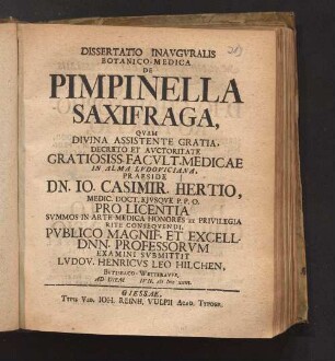 Dissertatio Inavgvralis Botanico-Medica De Pimpinella Saxifraga