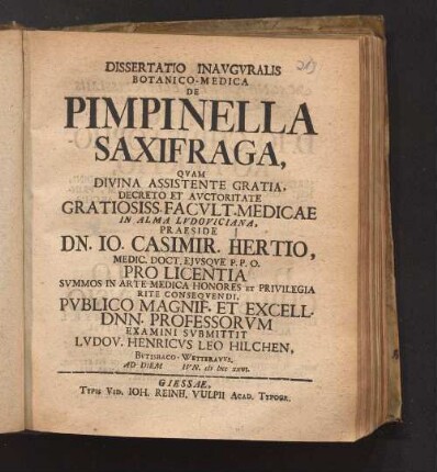 Dissertatio Inavgvralis Botanico-Medica De Pimpinella Saxifraga