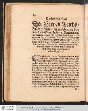 Reformation Der Freyen Raichsstatt Cöllen zu anordnung dero Rahts und Statt Richteren