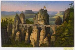 Ansicht der Basteibrücke bei Rathen in der Sächsischen Schweiz , Lithographie, um 1860 : Basteibrücke : Sächs. Schweiz. - Dresden : E. Müller , [um 1860]. - 1 Kunstblatt : gouachierte Lithogr. ; 18 x 12 cm