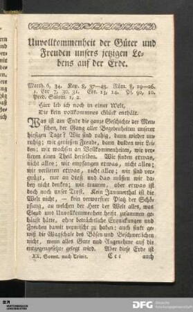 Uuvollkommenheit der Güter und Freuden unsers jetzigen Lebens auf der Erde.