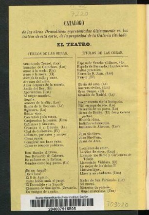 Catálogo de las obras Dramáticas representadas últimamente en los teatros de esta corte, de la propiedad de la Galería titulada