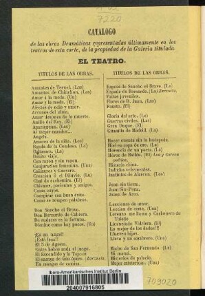 Catálogo de las obras Dramáticas representadas últimamente en los teatros de esta corte, de la propiedad de la Galería titulada
