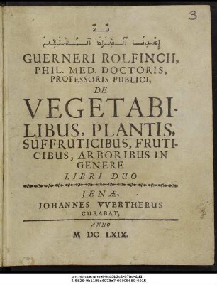 ... Guerneri Rolfincii, Phil. Med. Doctoris, Professoris Publici, De Vegetabilibus, Plantis, Suffruticibus, Fruticibus, Arboribus In Genere Libri Duo