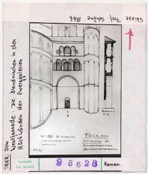 Trier, Dom: Westfassade, Blendnischen in den Rückwenden der Zwerggalerien. Skizze Wolfgang Schöne 1962
