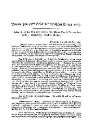 Beylage zum 48ten Stück der Deutschen Zeitung 1785