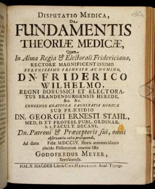 Disputatio Medica De Fundamentis Theoriæ Medicæ