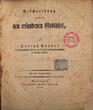 Beschreibung eines neu erfundenen Gebläses
