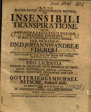 Dissertatio Inauguralis Medica, De Insensibili Transpiratione