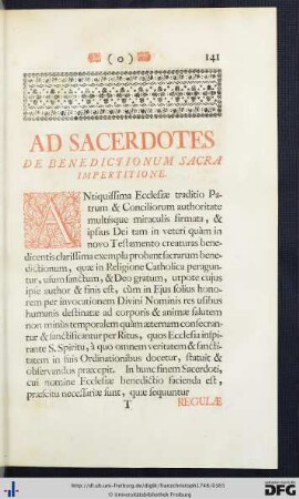 Ad Sacerdotes. De Benedictionum Sacra Impertitione.