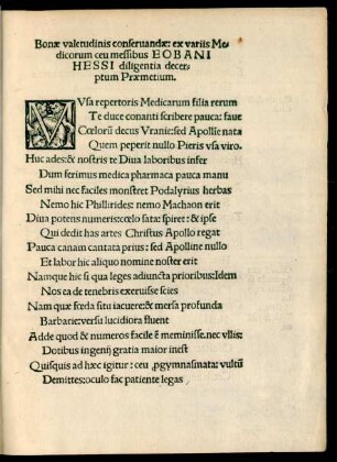 Bonae valetudinis conservandae: ex variis Medicorum ceu messibus Eobani Hessi diligentia decerptum Praemetium.