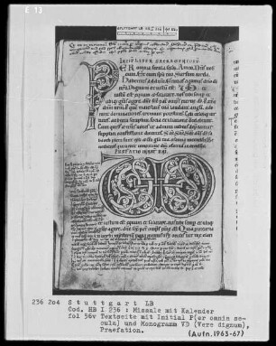 Graduale-Sakramentar-Lektionar — Initialen P(er omnia secula) und Ligatur VD (vere dignum), Folio 56verso