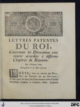 Lettres Patentes Du Roi, Concernant les Décorations extérieures accordées à différens Chapitres du Royaume.