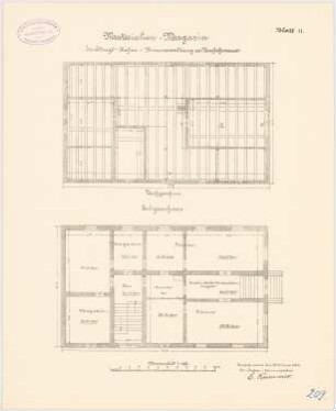 Hafengebäude, Danzig-Neufahrwasser: Materialenmagazin: Grundriss Erdgeschoss, Dachgeschoss 1:100