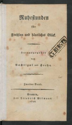 2. Band: Ruhestunden für Frohsinn und häusliches Glück