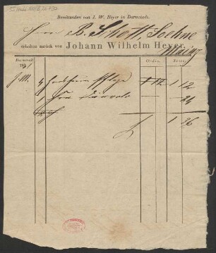 [Lieferschein] Remittenden von J.W. Heyer in Darmstadt [1831]