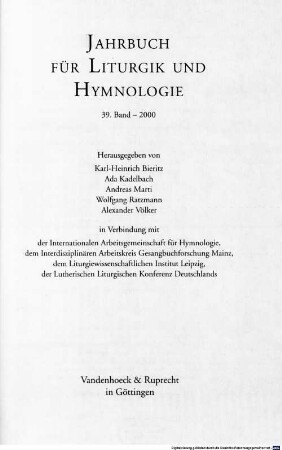 Jahrbuch für Liturgik und Hymnologie, 39. 2000