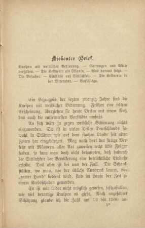 Siebenter Brief. Kneipen mit weiblicher Bedienung - Gattungen und Wirte derselben - Die Kellnerin als Sklavin - Was daraus folgt - Die Besucher - Einflüsse auf Sittlichkeit - Die Kellnerin in der Literatur - Vorschläge