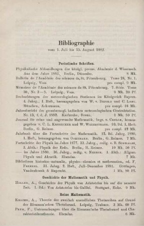 Bibliographie vom 1. Juli bis 15. August 1882.