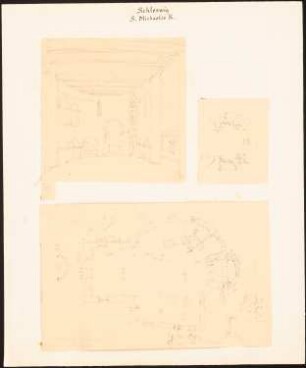 St. Michael, Schleswig: Drei Blätter: Perspektivische Innenansicht zum Altar, Grundriss der Altarnische, flüchtiger Grundriss mit Details: Schnitt Fensterbogen, Basis Pfeiler, Maßangaben