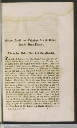 Kurzer Abriß der Geschichte des fürstlichen Hauses Reuß-Plauen