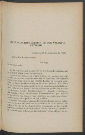 Un manuscrito inédito de Don Valentín Letelier