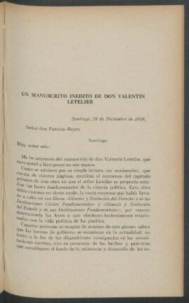 Un manuscrito inédito de Don Valentín Letelier