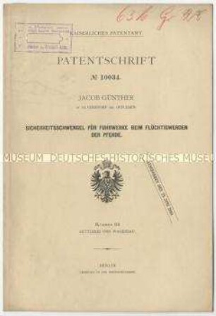 Patentschrift eines Sicherheitsschwengels für Fuhrwerke, Patent-Nr. 10034