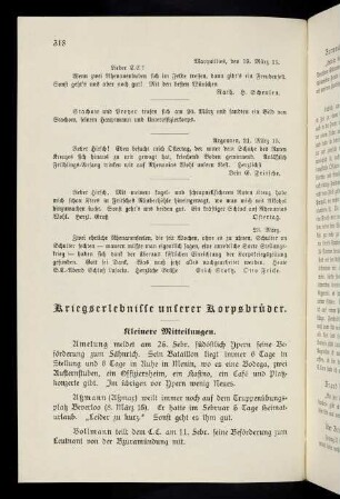318-337, Kriegserlebnisse unserer Korpsbrüder. Kleinere Mitteilungen