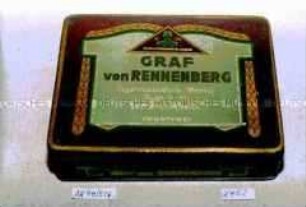 Blechdose für "100 CIGARETTEN 'GRAF von RENNENBERG', Cigarettenfabrik Merkur G.m.b.H. Linz am Rhein"