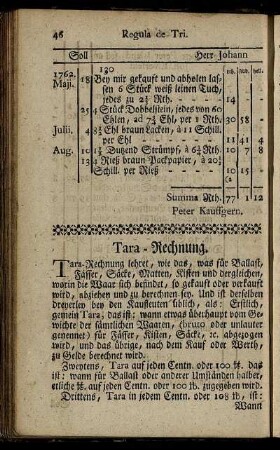 Tara-Rechnung. - Wechsel-Rechnung.