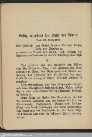 Gesetz, betreffend den Schutz von Vögeln. Vom 22. März 1888