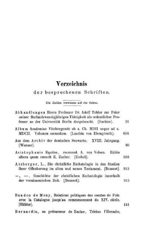 Verzeichnis der besprochenen Schriften. die Zahlen verweisen auf die Seiten.