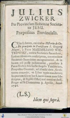 Julius Zwicker Per Provinciam Bohemae Societatis JESU…