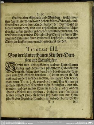 Titulus III. Von der Unterthanen Kinder, Diensten und Schuldigkeit
