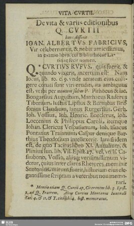 De vita & variis editionibus Q. Curtii haec disserit Ioan. Albertus Fabricius