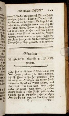 Schreiben des Fräuleins Clarisse an die Lady Hariote.