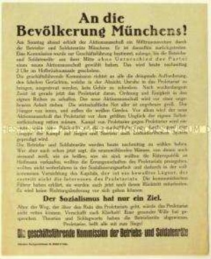 Bekanntmachung der geschäftsführenden Kommission der Betriebs- und Soldatenräte Münchens über die Neuwahl des Aktionsausschusses im Zuge der Münchener Räterepublik