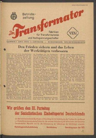 TRO-Betriebszeitung 'Der Transformator'; Nr. 7/1950 (Juli 1950)
