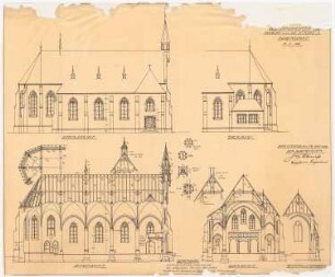 St. Laurentius, Rudersdorf bei Wilnsdorf: Seitenansicht, Ansicht der Sakristei, Längs- und Querschnitt, Details 1:100